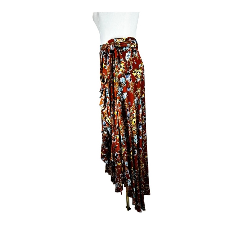 Blue Life Floral Ruffle Wrap Maxi Skirt Rust Orange Boho Festival Size Small - Picture 3 of 10